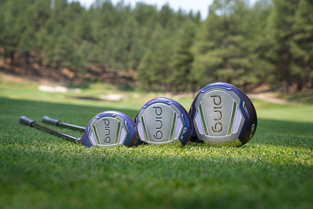 PING G Le4 women's golf clubs woods laying in the grass showing their club head design attributes