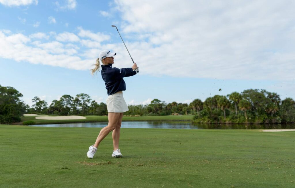 Charley Hull WITB: A close up of her wedge swing the Taylormade MG5 wedges
